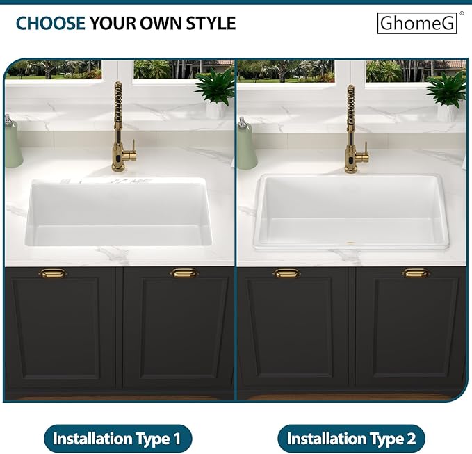 White Undermount Kitchen Sink 30 Inch Porcelain White Kitchen Sink 30"x18"x10" Dual Mount Single Bowl Ceramic Kitchen Sinks - Gold Drain Set