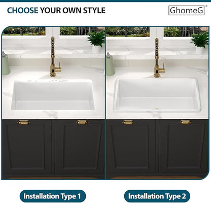 White Undermount Kitchen Sink 30 Inch Porcelain White Kitchen Sink 30"x18"x10" Dual Mount Single Bowl Ceramic Kitchen Sinks - Gold Drain Set