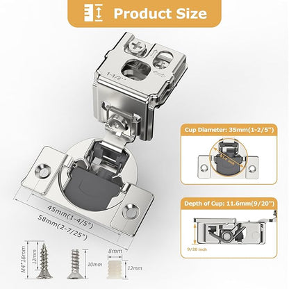 Furniware 2 Pieces 1-1/2 inch Overlay Soft Close Cabinet Hinges for Face Frame Cabinet, Stainless Steel, 105° Opening Angle, Concealed Self Closing Door Hinges- 3 Way Adjustment