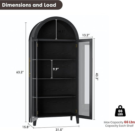 GarveeHome Arched Kitchen Pantry Cabinet - Farmhouse 5 Tier Display Shelf with Adjustable Shelf and 2 Large Glass Doors, Versatile Storage Cupboard for Kitchen, Dining Room, Living Room, Black