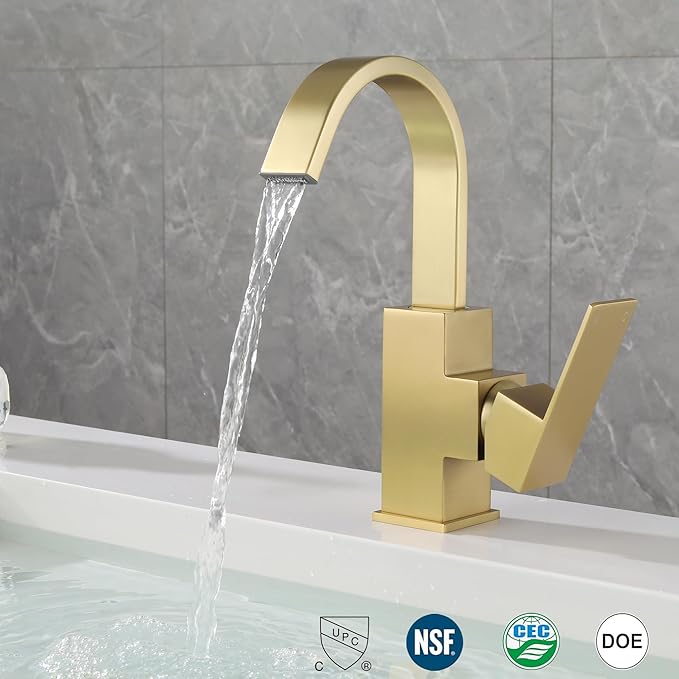 Brushed Gold Bathroom Faucet Waterfall Faucet for Bathroom Vanity with 360 Degree Swivel Spout, Single Hole Bar Sink Faucet with Hose and 6 "Deck Plate,SL5004BG
