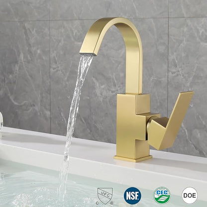 Brushed Gold Bathroom Faucet Waterfall Faucet for Bathroom Vanity with 360 Degree Swivel Spout, Single Hole Bar Sink Faucet with Hose and 6 "Deck Plate,SL5004BG