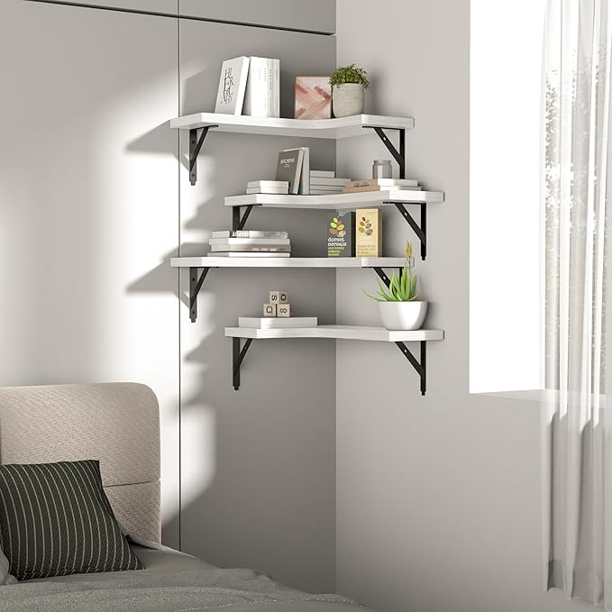 ROMGUAR CRAFT Corner Floating Shelves Wall Mounted Set of 4, Rustic Wood Storage Display Wall Shelves for Home Decor, Bathroom, Kitchen, Bedroom, Living Room, Office (White)