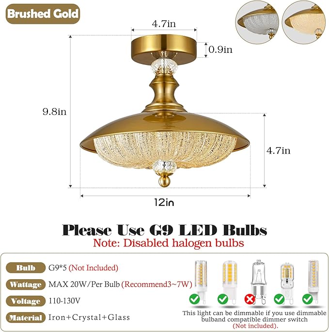 Vintage Semi Flush Mount Ceiling Light, Gold 12 Inch K9 Crystal Glass Shade, Brushed Copper Finish, 5-Light Flush Mount Lamp Mid Century Industrial for Bedroom Foyer Hallway Dining Kitchen Entryway