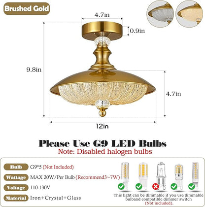 Vintage Semi Flush Mount Ceiling Light, Gold 12 Inch K9 Crystal Glass Shade, Brushed Copper Finish, 5-Light Flush Mount Lamp Mid Century Industrial for Bedroom Foyer Hallway Dining Kitchen Entryway