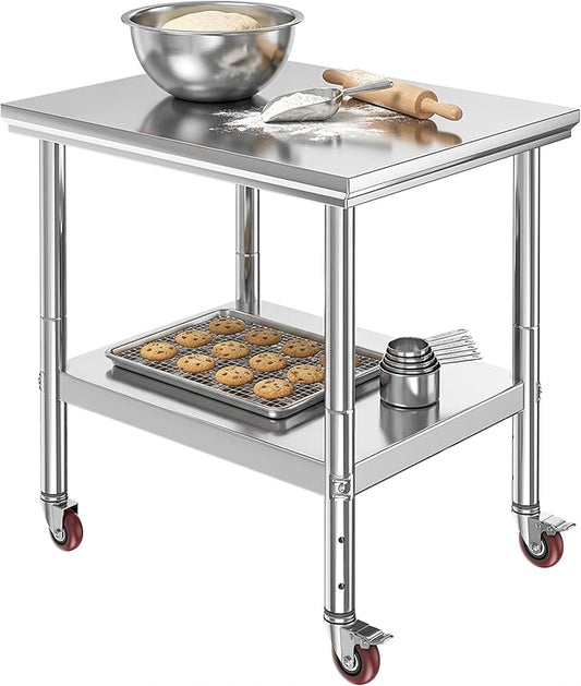 DWVO 30x24in Stainless Steel Table, NSF Metal Prep Worktable with Adjustable Shelf & Wheels for Kitchen Restaurant Hotel Garage Warehouse Home