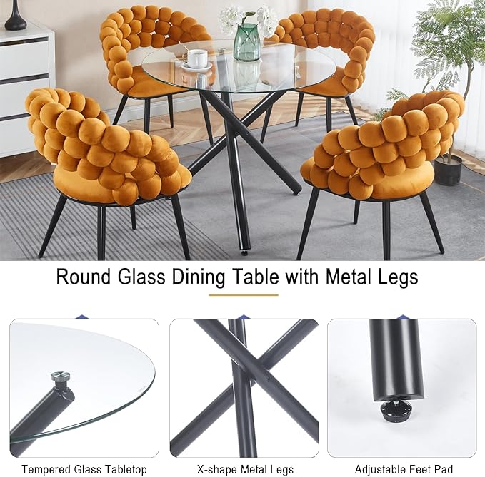 35.4'' Round Dining Table for 4 or 2, Glass Small Kitchen Table with Black Metal Tube Legs for Dining Room Living Room, Round Accent Tea Table Circular Dining Table
