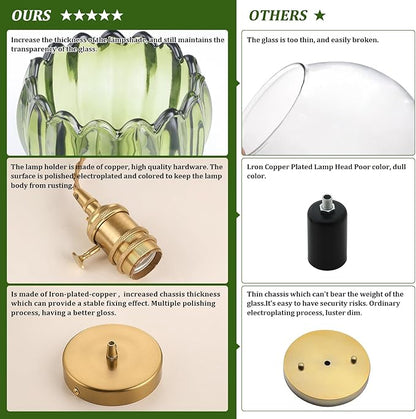 Shenmoyl Pendant Light 2 Pack with Green Tulip Glass Lmapshade, Brass Vintage Pendant Light Adjustable Hanging Light for Kitchen Island Dining Room Hallway