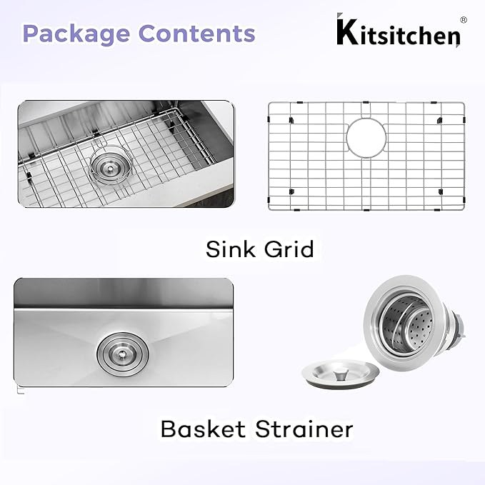 Kitsitchen RV Kitchen Sink 25 Inch, Stainless Steel Undermount Single Bowl Kitchen Sinks, 7 Inch Depth RV Sink with Strainer & Bottom Gird, Outdoor Camper Prep Sinks(25" x 16" x 7")