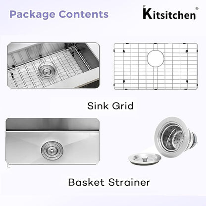 Kitsitchen RV Kitchen Sink 25 Inch, Stainless Steel Undermount Single Bowl Kitchen Sinks, 7 Inch Depth RV Sink with Strainer & Bottom Gird, Outdoor Camper Prep Sinks(25" x 16" x 7")