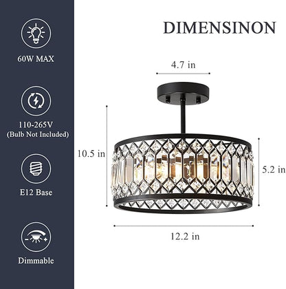 Pevfah Crystal Black Ceiling Light, Modern Semi Flush Mount Ceiling Lighting Fixture, Round Hallway Lighting Fixtures Chandelier for Kitchen Entryway Bedroom Dining Room, 3-Light, 12.2 Inch
