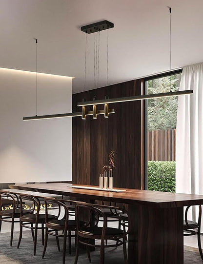 83" Modern Black Linear Pendant Lights Kitchen Island Lighting Minimalist Led Chandeliers Pool Table Light Dimmable Ceiling Hanging Light Fixture Dining Room with Remote Control
