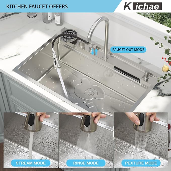 Kichae Drop In Kitchen Sink Waterfall - 33x22 Drop Sink Stainless Steel 16 Gauge Luxury Ledge Workstation Deep Single Bowl Topmount Overmount Sinks Splash Guard Design Handmade Basin