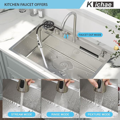 Kichae Drop In Kitchen Sink Waterfall - 33x22 Drop Sink Stainless Steel 16 Gauge Luxury Ledge Workstation Deep Single Bowl Topmount Overmount Sinks Splash Guard Design Handmade Basin