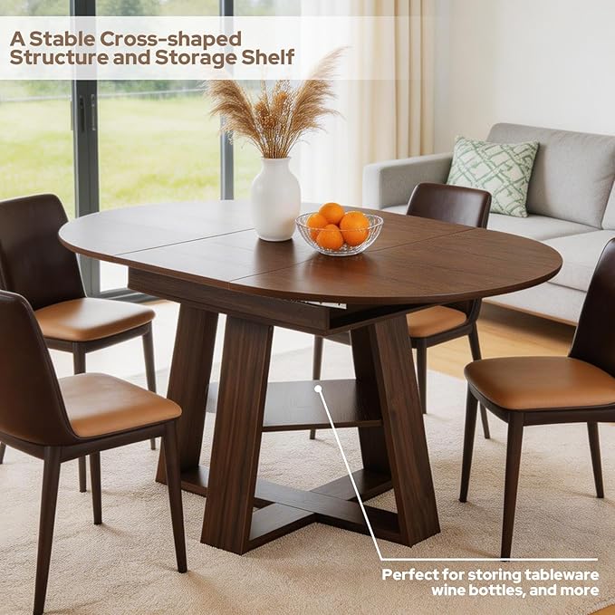Zevemomo 43"-59" Extendable Dining Room Table for 4-6(Table only), Expandable Round Dining Table, Oval Tabletop with Cross-Shaped Base for Office, Living Room-Dark Brown