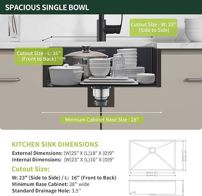 Black Kitchen Sink Undermount 25 x 18 inch, SINKVINE PVD Nano Stainless Steel Outdoor Sink, Single Bowl Laundry Basin with 3.5" Drain Strainer, Bottom Grid Protector, Roll-up Drying Rack, Dark Grey