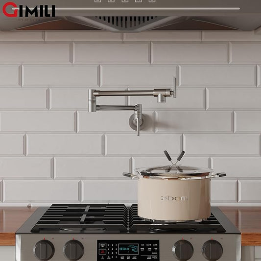 GIMILI Pot Filler Brushed Nickel Commercial Wall Mount Faucet Folding Double Joint Swing Arm Wall Faucet