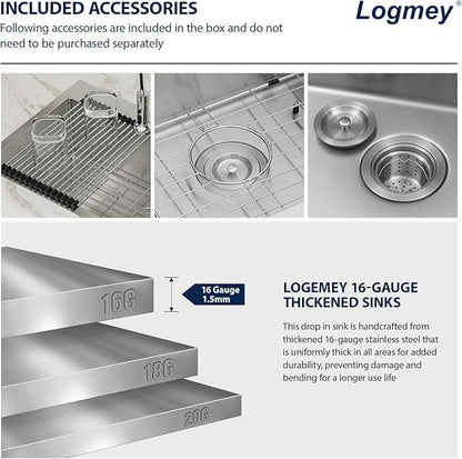 Logmey 33 Inch Drop in Kitchen Sink 33x19 Stainless Steel Sinks 16 Gauge Topmount Single Bowl with Round Corners 33x19x9