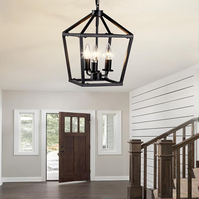 3-Light Black Pendant Lights Kitchen Island, 11 Inch Farmhouse Pendant Light, Adjustable Height Iron Lantern Black Pendant Light Fixtures, Cage Farmhouse Chandelier Island Lights for Kitchen Foyer