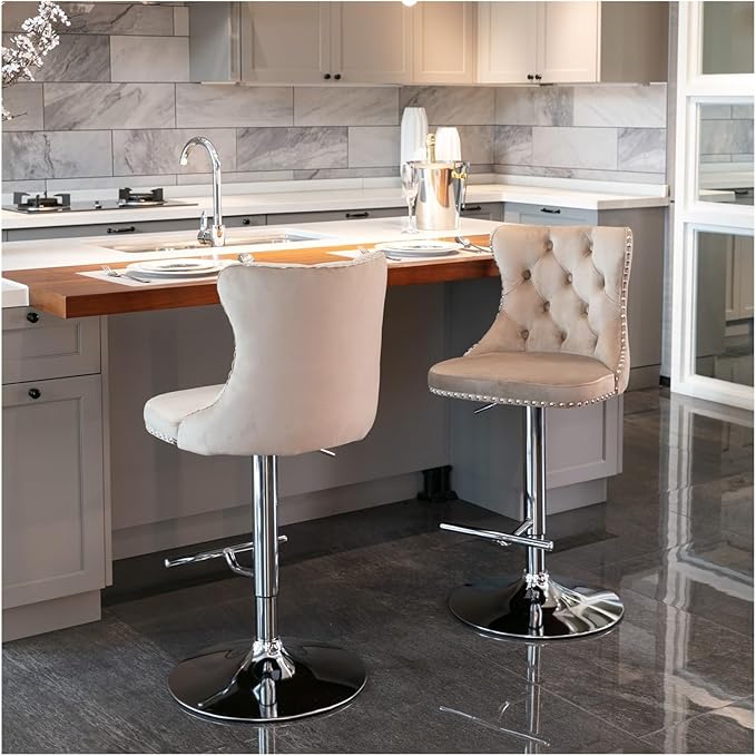 Swivel Velvet Barstools Adjusatble Seat Height from 25-33 Inch, Modern Upholstered Chrome Base Bar Stools with Backs Comfortable Tufted for Home Pub and Kitchen Island（Khaki,Set of 2）,for Living Room