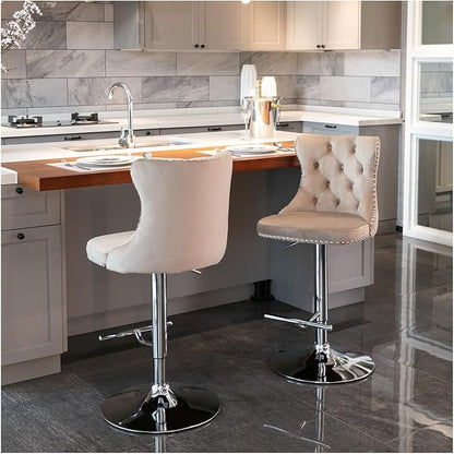 Swivel Velvet Barstools Adjusatble Seat Height from 25-33 Inch, Modern Upholstered Chrome Base Bar Stools with Backs Comfortable Tufted for Home Pub and Kitchen Island（Khaki,Set of 2）,for Living Room