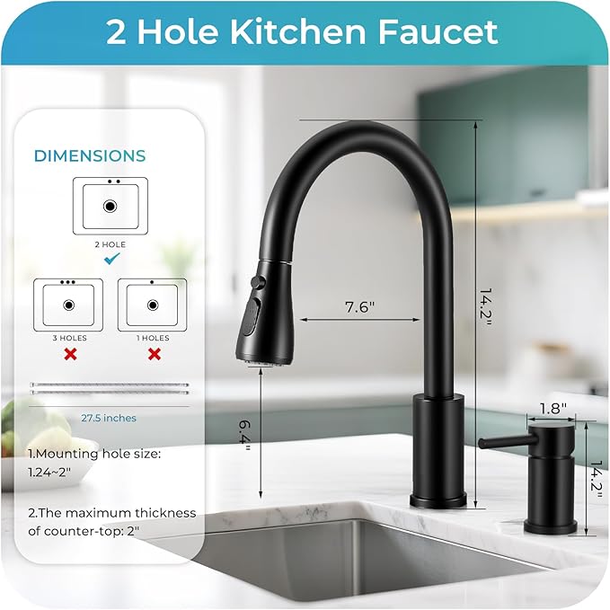Pull Down Kitchen Faucet 2 Hole - Matte Black Single Handle Kitchen Faucets, High Arc Stainless Steel Pull Out Kitchen Sink Faucet for RV Laundry Farmhouse Bar