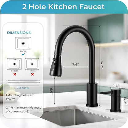 Pull Down Kitchen Faucet 2 Hole - Matte Black Single Handle Kitchen Faucets, High Arc Stainless Steel Pull Out Kitchen Sink Faucet for RV Laundry Farmhouse Bar