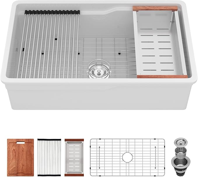 Kichae 32 Inch White Undermount Sink Workstation Ceramic Fireclay 32x19 Inch White Kitchen Sink Dual Drop in & Undermount Kitchen Sink Single Bowl Deep Porcelain Sink
