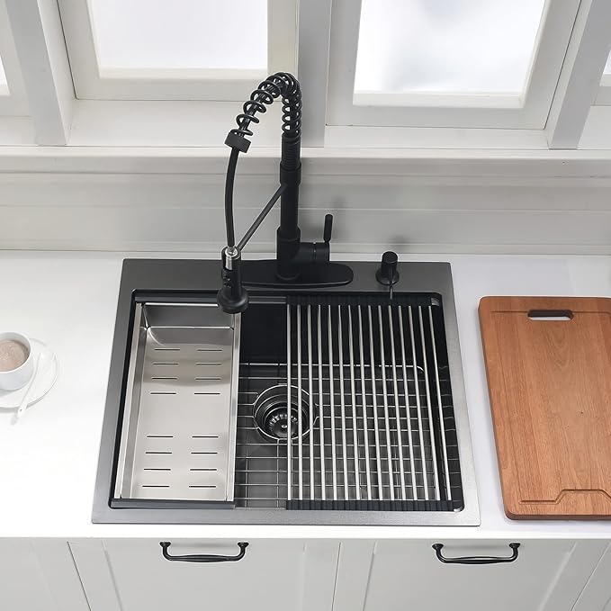 25 Inch Black Drop In Kitchen Sink Workstation - VOKIM 25x22-Inch Drop In sink 16 Gauge Stainless Steel 10'' Deep Single Bowl Handmade Kitchen Sink with Cutting Board& Strainer