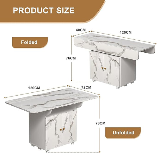 47" Folding Dining Table with Storage & Wheels - White Marble Texture, Multi-Functional Kitchen Island, Desk, Coffee Table, Space-Saving & Easy Assembly