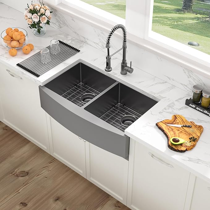 Sarlai Black Farmhouse Sink 33 Inch Double Bowl - 33x21 inch Apron Front Kitchen Sink Double Bowl 50/50 Gunmetal Black Stainless Steel 16 Gauge Round Corner Farm Farmer Kitchen Sinks