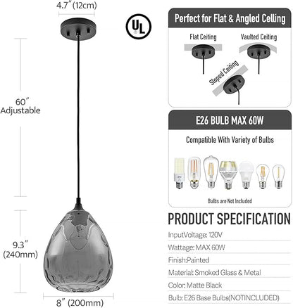 Smoked Hammered Glass Pendant Light with Matte Black Accent, Adjustable Hanging Lamp for Kitchen, Dining Room, and Living Room