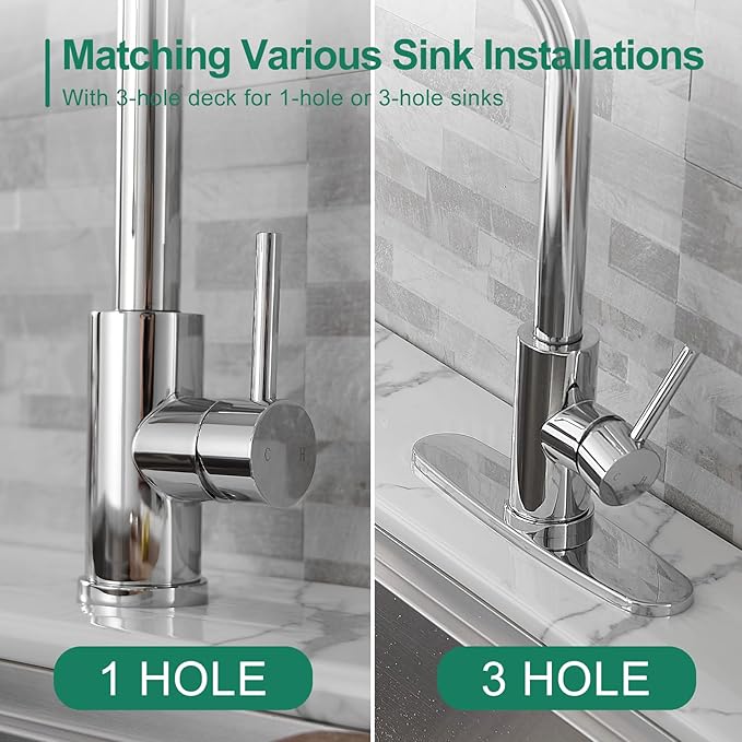 VOTON Kitchen Faucet with Pull Down Sprayer, Chrome Kitchen Faucets Modern Single Handle High Arc Pull Out Kitchen Sink Faucet 1 or 3 Hole, Faucet for Farmhouse Camper Rv Kitchen Bar Laundry