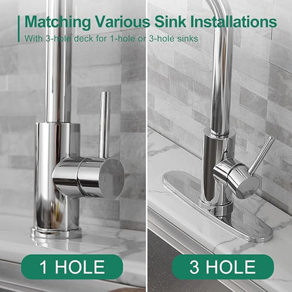 VOTON Kitchen Faucet with Pull Down Sprayer, Chrome Kitchen Faucets Modern Single Handle High Arc Pull Out Kitchen Sink Faucet 1 or 3 Hole, Faucet for Farmhouse Camper Rv Kitchen Bar Laundry