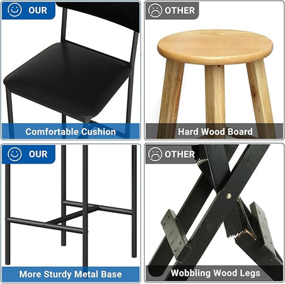 GAOMON Bar Stools Set of 2, Kitchen Bar Stools with Footrest, Black Metal Frame Upholstered PU Leather Bar Chairs with Footrest for Kitchen Island Home, Easy Assembly,Black