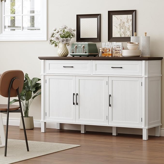 55 Inches Buffet Cabinet with Storage, Farmhouse Sideboard Buffet w/2 Drawers and 3 Doors, Wood Coffee Bar Cabinet with Adjustable Shelves, Sideboard Storage for Kitchen, Living Room, Off White
