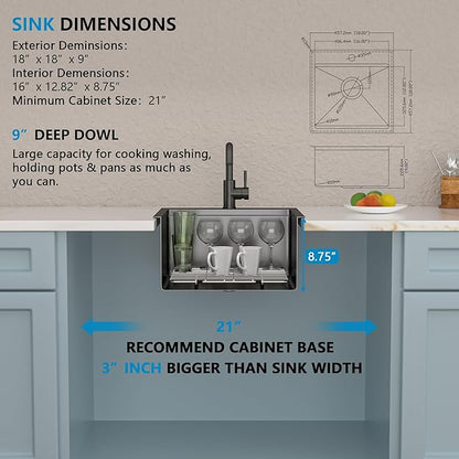 18"x18" Drop In Bar Prep Sink Workstation – Gunmetal Black NANO-PVD, 16 Gauge 304 Stainless Steel, Single Bowl Top Mount Wet Bar RV Outdoor Kitchen Sink with Faucet