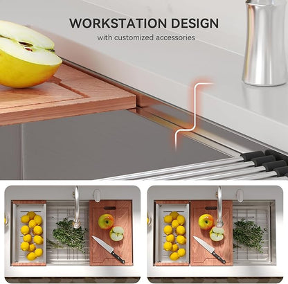 Lordear 32 Undermount Kitchen Sink 32x19 Inch Stainless Steel Kitchen Sinks Ledge Workstation 16 Gauge Single Bowl Under Counter Handmade Sink with Cutting Board