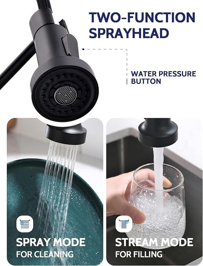 LUFEIDRA Black Kitchen Faucet with Pull Down Sprayer, High Arc Spring 304 Stainless Steel Single Handle 1 or 3 Hole 2 Mode Kitchen Faucets for Farmhouse RV Camper Laundry Wet Bar