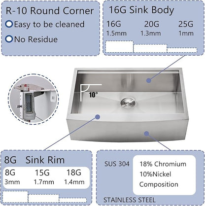 Farmhouse Sink 33 Inch, 33x22 Inch Apron Front Farmhouse Kitchen Sink, 16 Gauge Stainless Steel Undermount Ledge Workstation Deep Single Bowl Luxury Rustic Farm Sinks with All Accessories