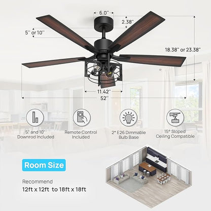 Consciot 52 Inch Ceiling Fans With Lights Remote, Modern Farmhouse Caged Ceiling Fan, Reversible Motor, 5 Double Finish Wood Blades, Rustic Ceiling Fan For Porch, Living Rooms, Bedroom, Hunter Black