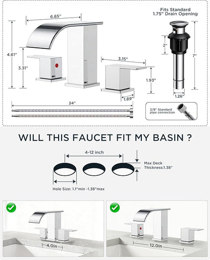 FORIOUS Bathroom Faucets 3 Hole, Waterfall Square 8 Inch Widespread Chrome Bathroom Sink Faucet with Metal Pop-up Drain and Supply Lines, Two Handles for Vanity, RV, Farmhouse