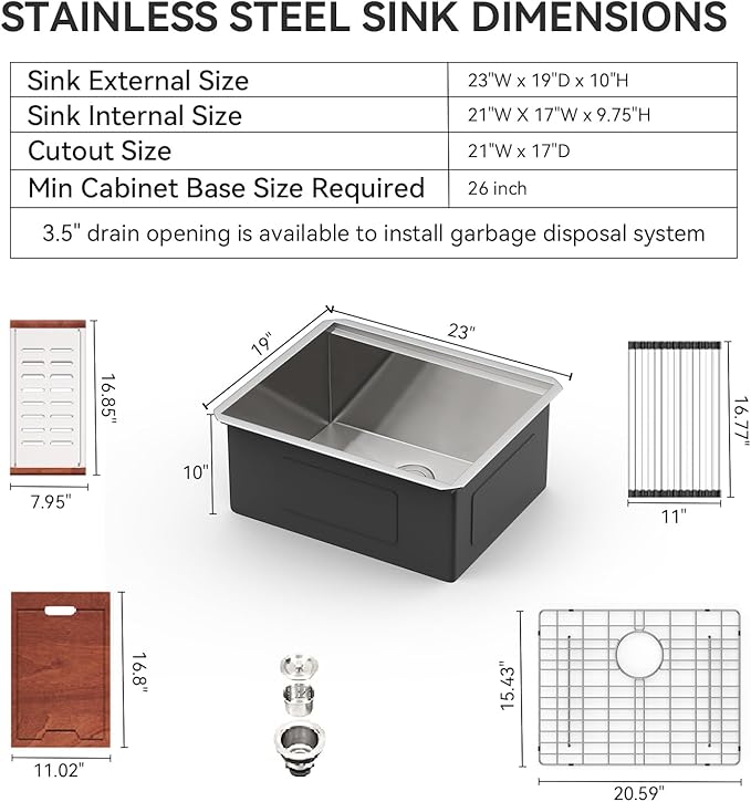 Lordear 23 Inch Undermount Kitchen Sink Workstation16 Gauge Stainless Steel Bar Sinks Single Bowl with Cutting Board Under Counter Handmade Sink