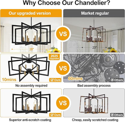 28" Modern Black and Gold No Assembly Required Chandelier for Dining Room, Black and Gold Dining Room Light Fixture Over Table, Industrial Metal Hanging Pendant Light for Kitchen Island, Entryway