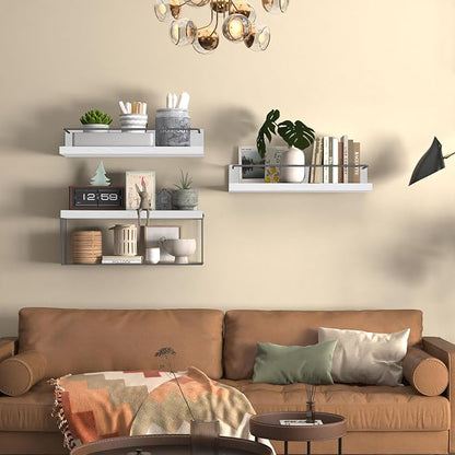 PopiShelves Bathroom Shelves Over Toilet for Wall, Floating Shelves with Storage Basket Paper Holer for Kitchen Living Room, Bedroom & Classroom, Set of 3 (White and Grey)