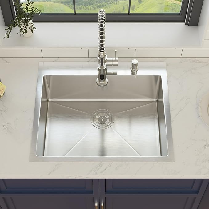 25 Inch Drop in Kitchen Sink 25x22 Drop in Kitchen Sink 16 Gague Topmount Stainless Steel Single Bowl Handmade Sinks Large Deep Basin 25"x22"x9"