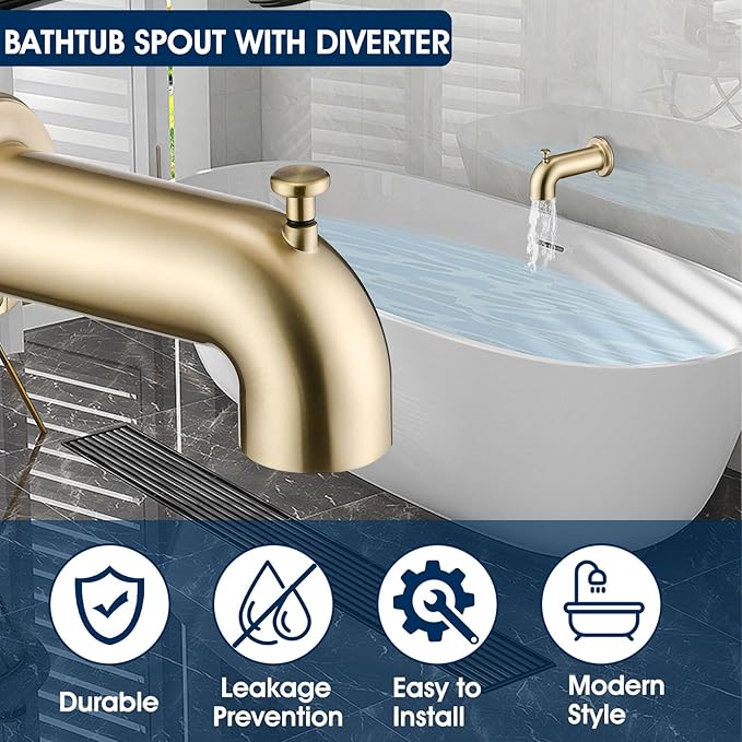 Slip-On Tub Spout with Diverter Long for Bathtub Spout, Fit for 1/2 Inch Slip Pipe, Brushed Gold