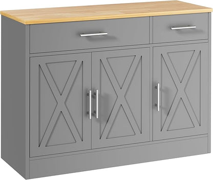 Shintenchi 3 Doors Farmhouse Sideboard Buffet Cabinet, 42" Barn Doors Buffet with Storage, Wood Coffee Bar Cabinet with Adjustable Shelf for Kitchen, Living Room,Grey
