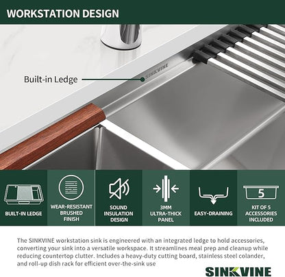 25-inch Undermount Kitchen Sink Workstation, SINKVINE 25x19 Outdoor Sink BBQ, Stainless Steel Single Bowl Basin w/Drain Strainer, Bottom Grid, Roll-up Drying Unit, Wood Cutting Board, Deep Colander