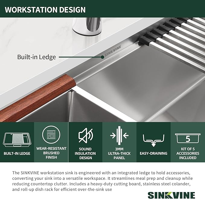 27-inch Undermount Kitchen Sink Workstation, SINKVINE 25x19 Outdoor Sink BBQ, Stainless Steel Single Bowl Basin w/Sapele-Wood Cutting Board, SST Colander w/Wood Handle, and Roll-up Dish Drying Unit